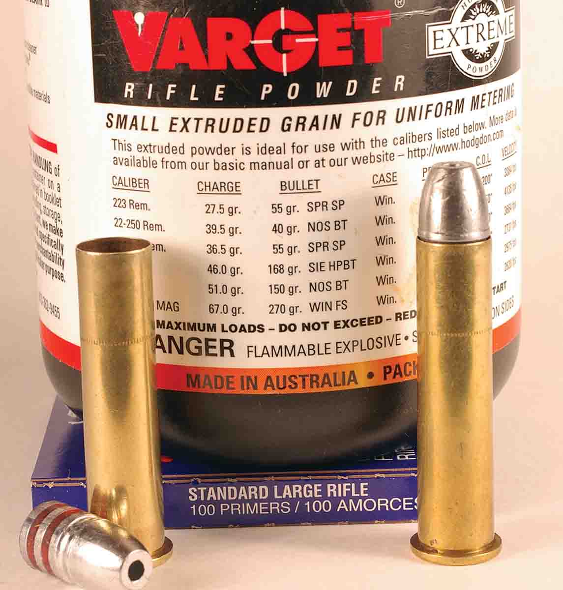 The bullets shot well using Varget powder, but lighter charges of Varget produced high extreme velocity spreads.